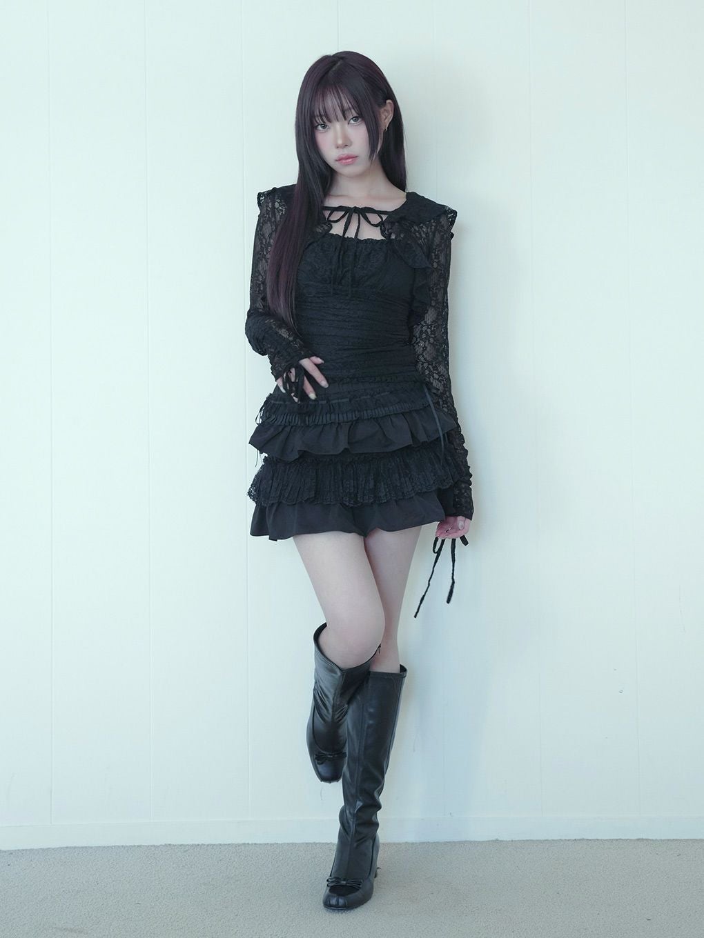 BUBBLES ギャザーレースアンサンブル ブラック BUBBLES】レースリボンアンサンブル | sparkling mall online store