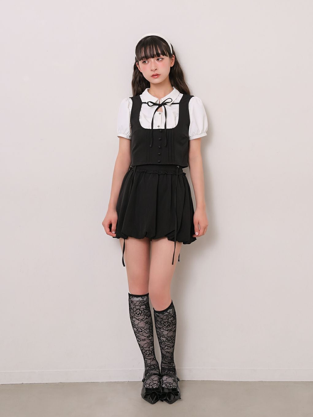 【BUBBLES】リボンベストレイヤードブラウス