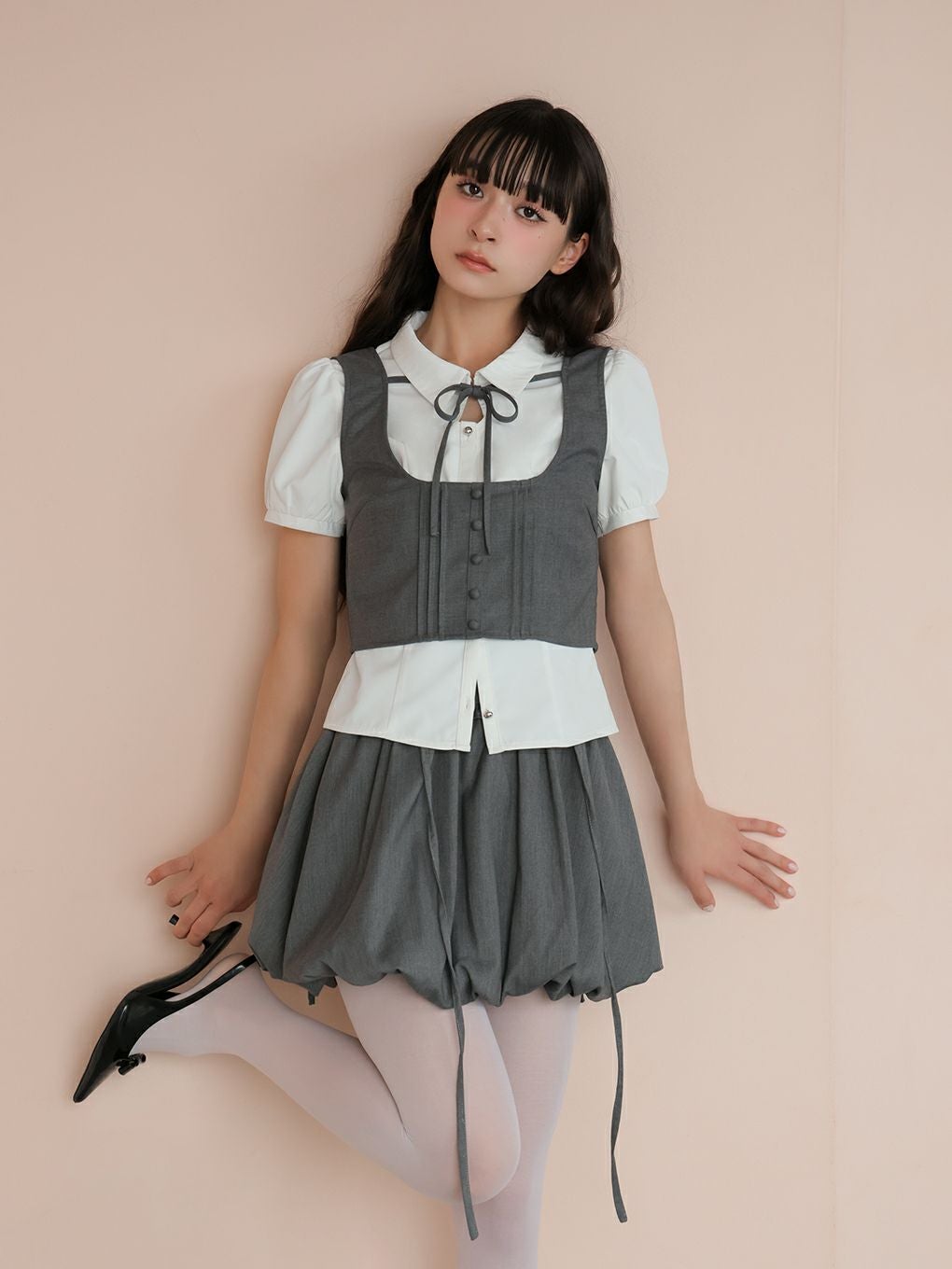 【BUBBLES】リボンベストレイヤードブラウス