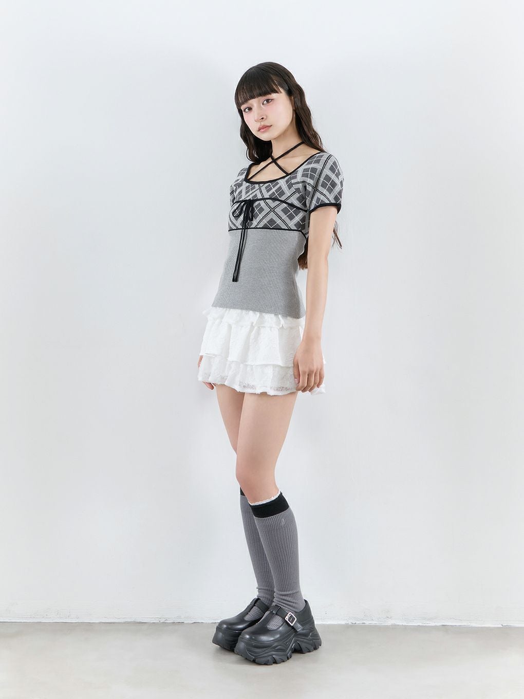 【BUBBLES】チェックジャガードトップス