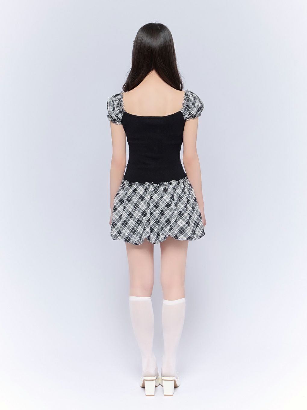 bubbles バルーンチェックワンピース グレー 店舗限定】チェックバルーン長袖ワンピース(95~150cm)(95cm グレー系