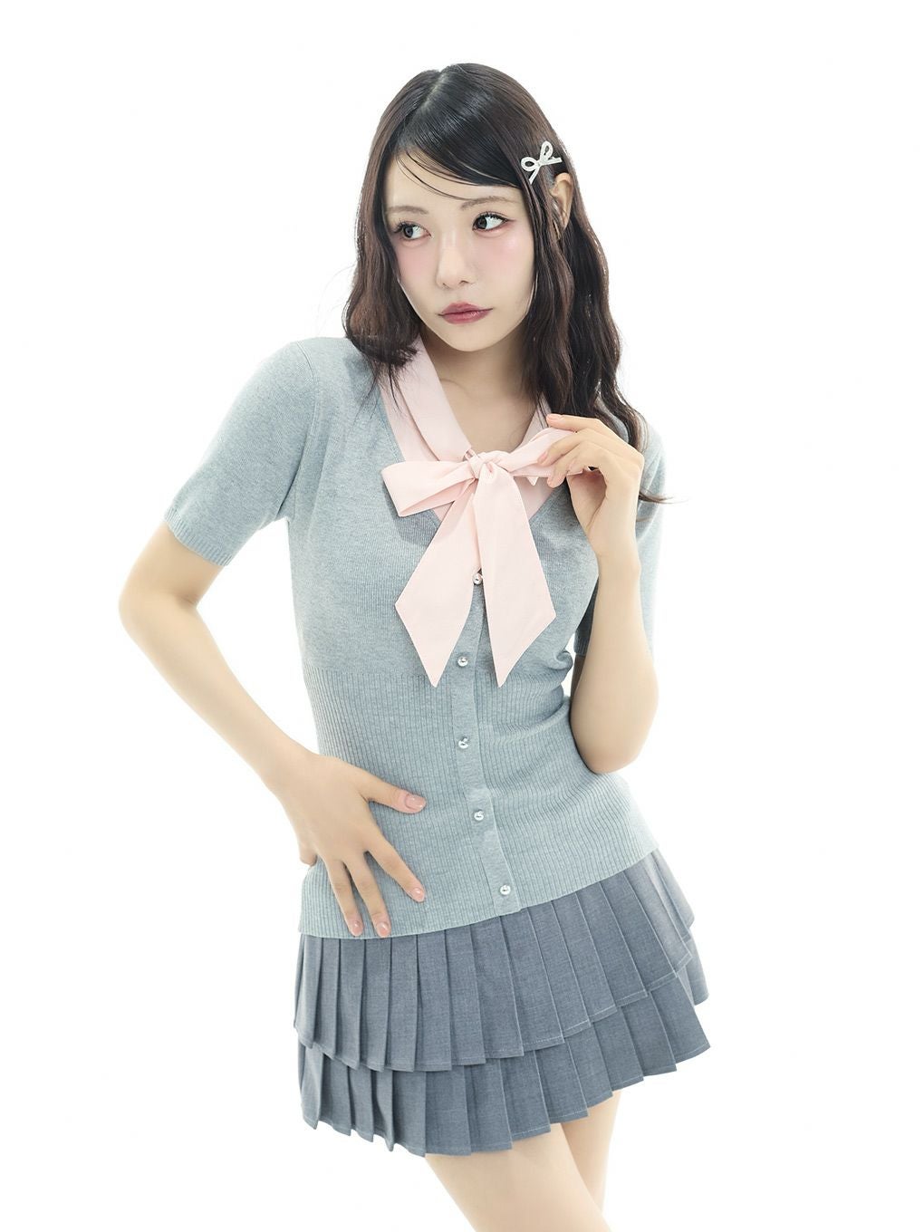 BUBBLES ギャザーリボンシャツトップス グレー BUBBLES】リボンシャツトップス | sparkling mall online store