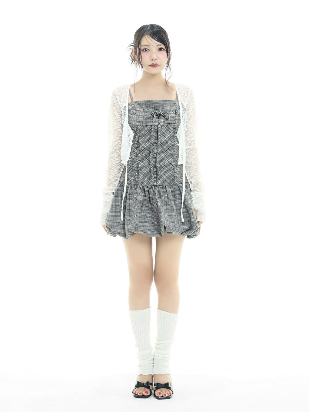 bubbles バルーンチェックワンピース グレー BUBBLES】チェックレイヤードワンピース | sparkling mall online store