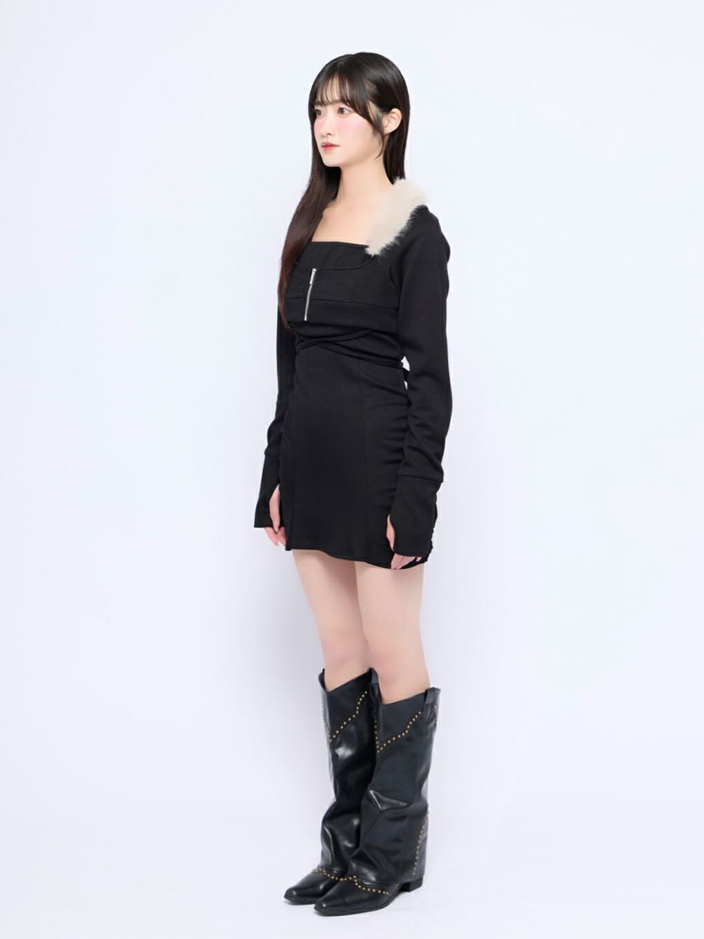 bubbles ファーカラークロスワンピース 黒 ブラック BUBBLES】ファーカラークロスワンピース | sparkling mall online store