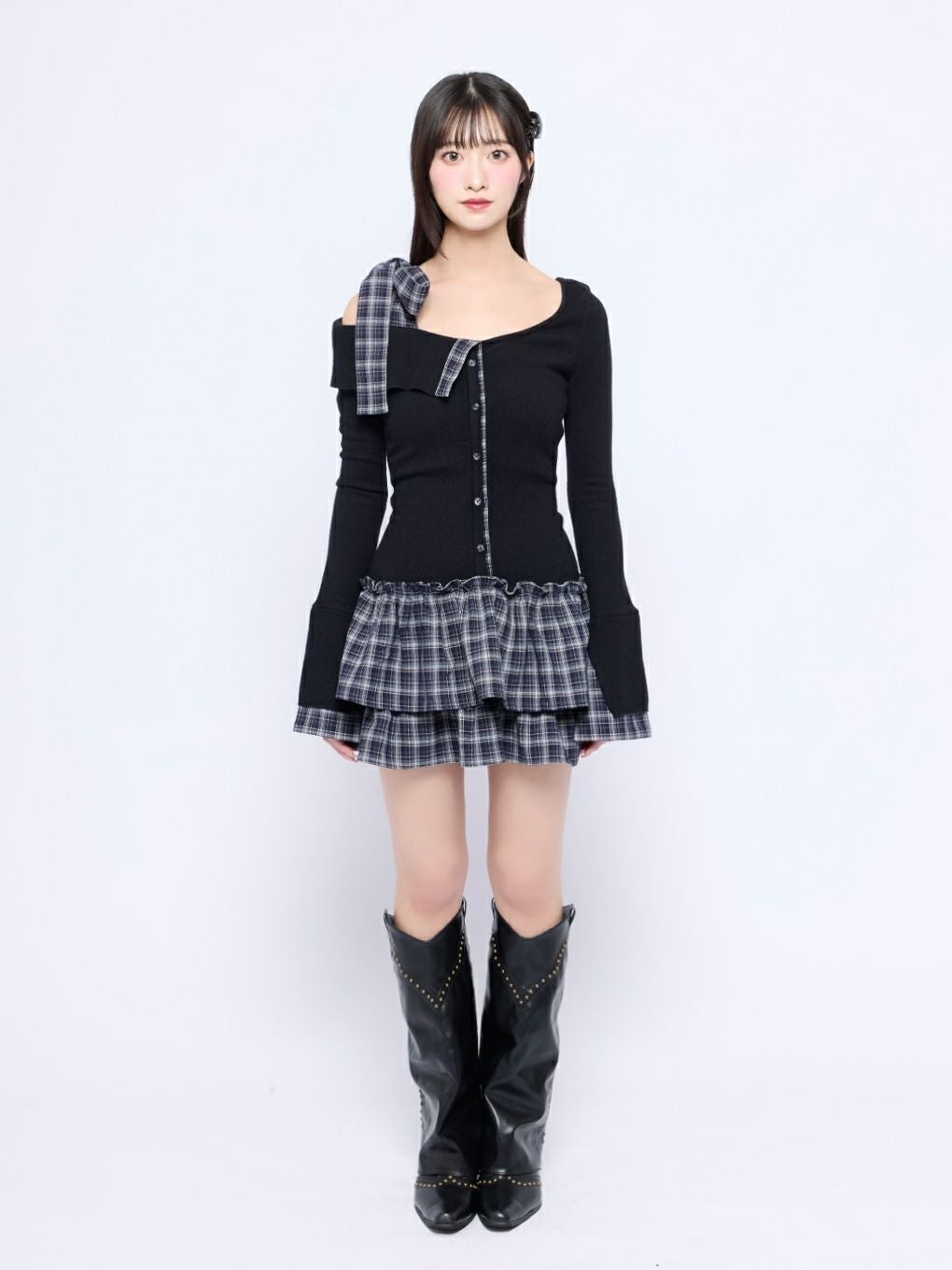 【BUBBLES】チェックリボンワンショルワンピース