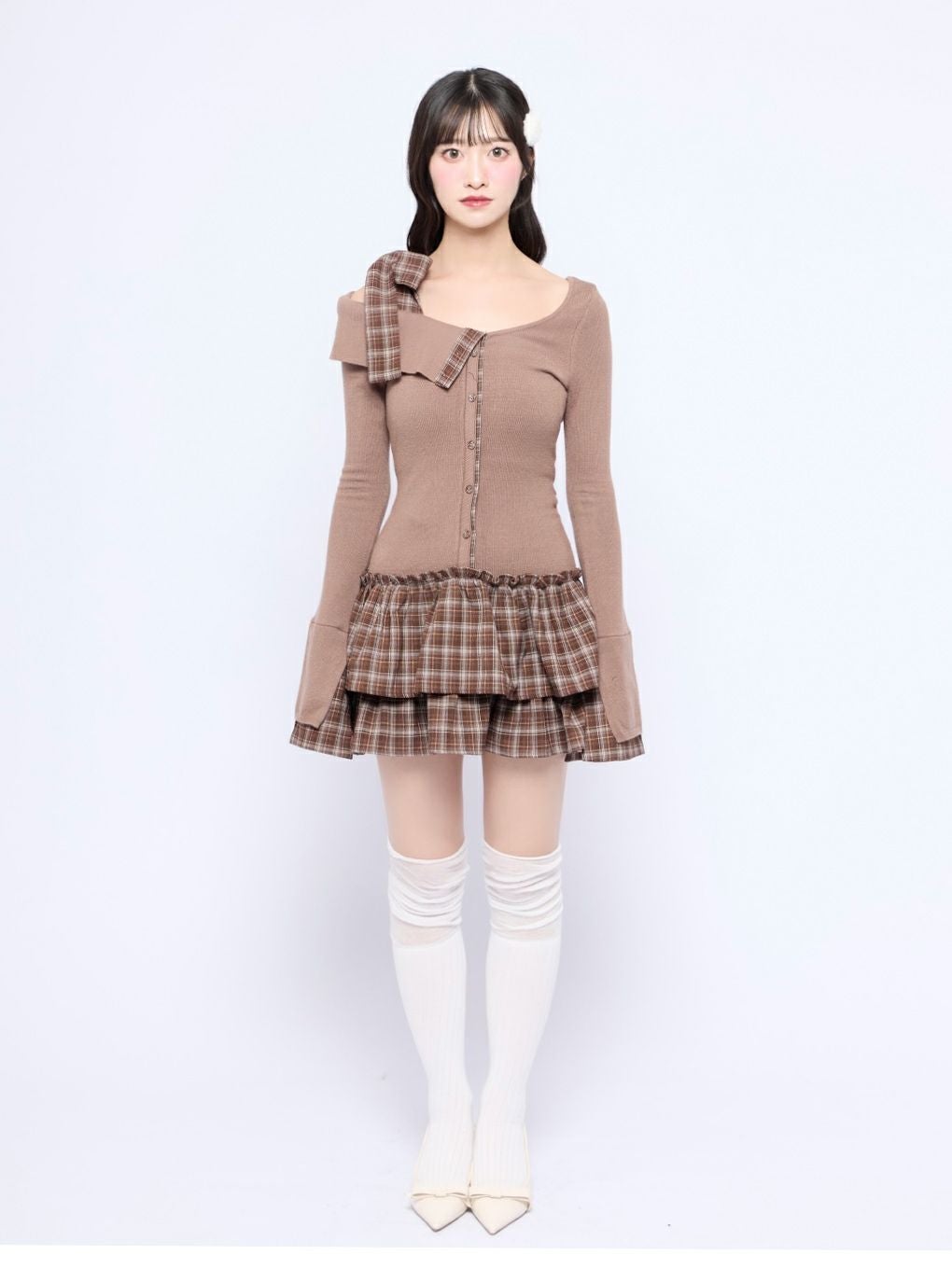 【BUBBLES】チェックリボンワンショルワンピース