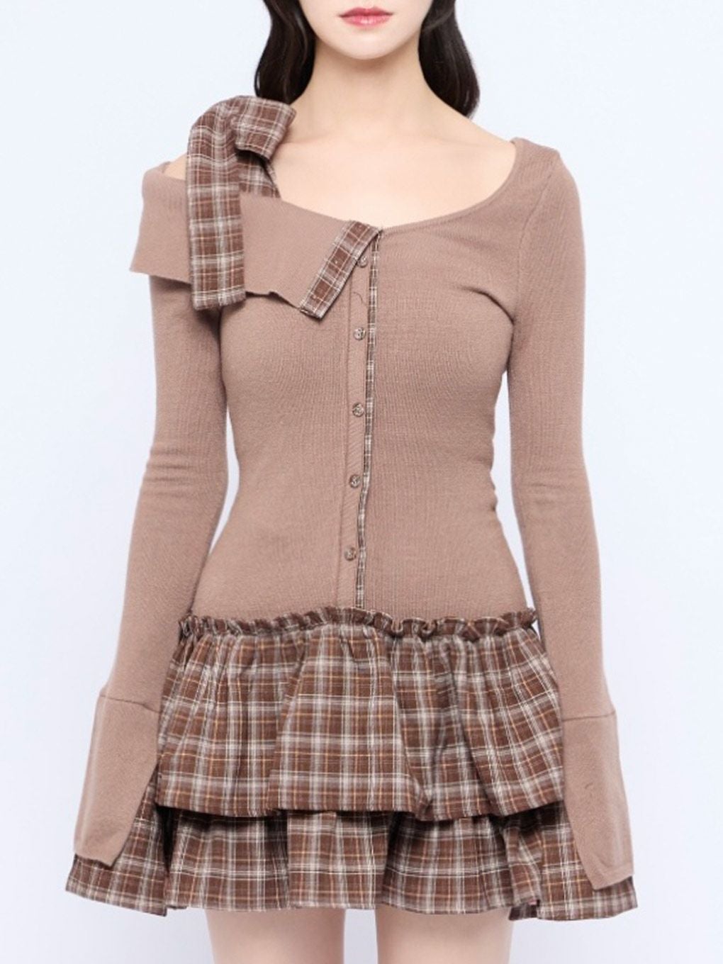 【BUBBLES】チェックリボンワンショルワンピース