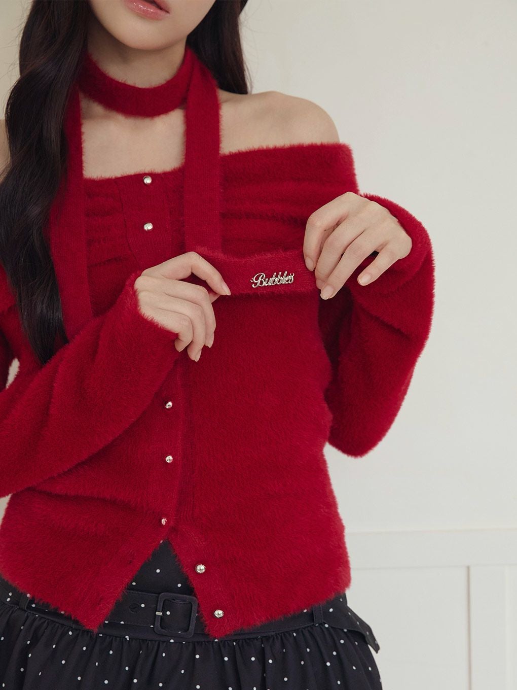 【BUBBLES】リボンタイオフショルニット