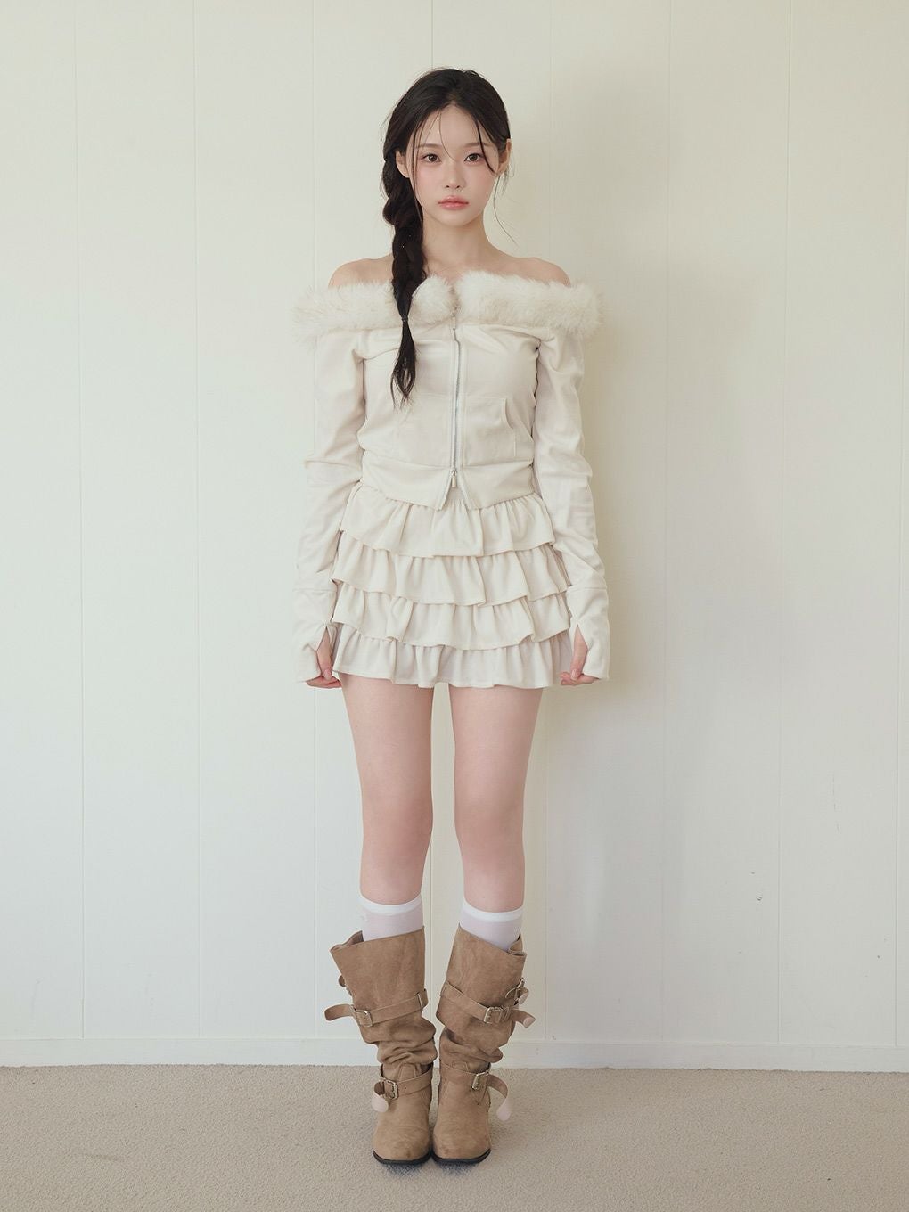 【BUBBLES】ベルベットファーオフショルトップス