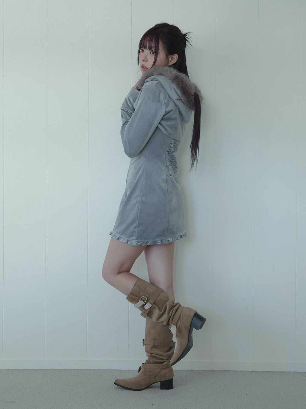 【BUBBLES】ベルベットファーパーカーワンピース