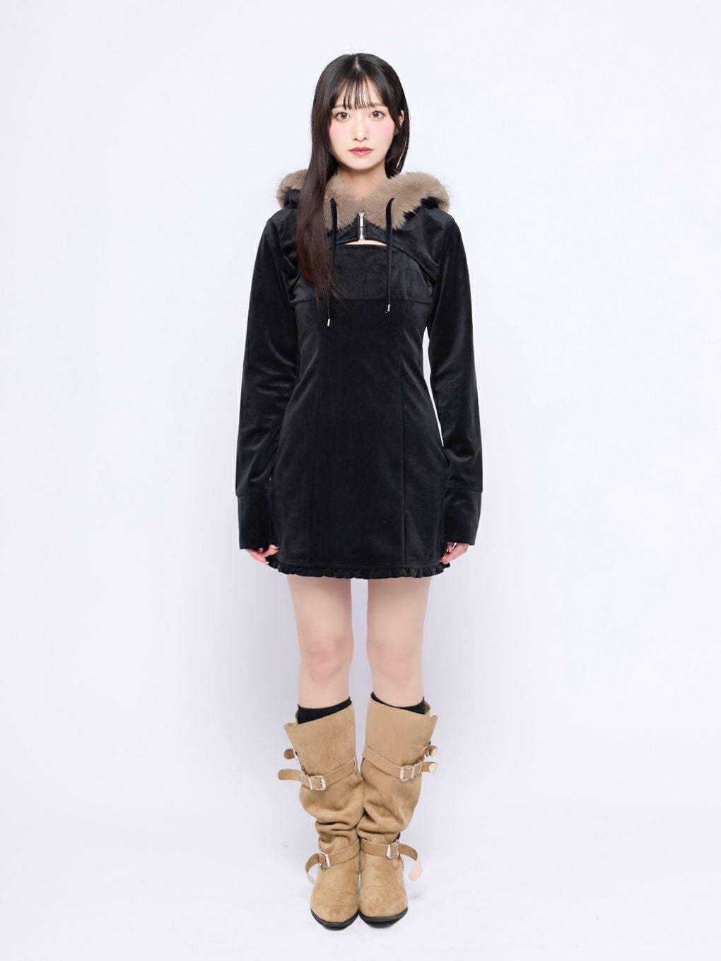 【BUBBLES】ベルベットファーパーカーワンピース