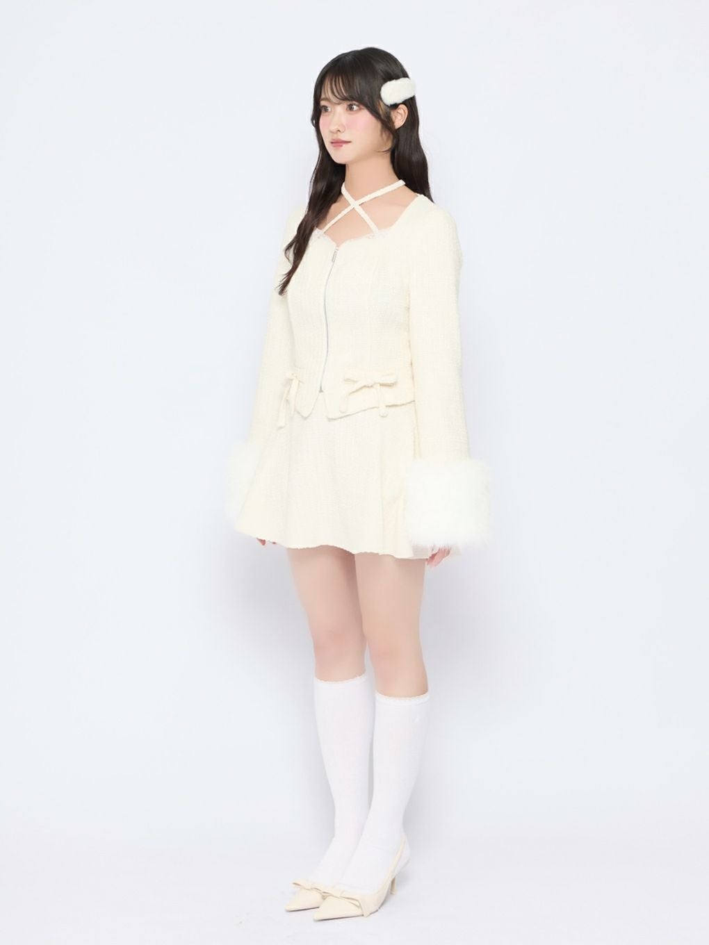 即日発送】BUBBLES ファースリーブケーブルトップス ホワイト BUBBLES