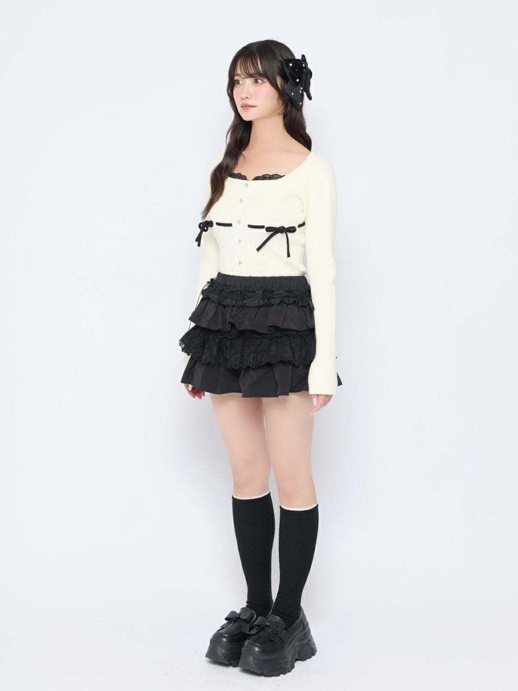 【BUBBLES】リボンケーブルニットトップス