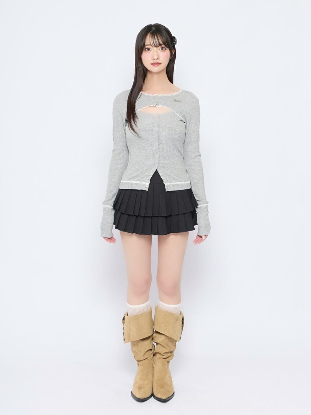 【BUBBLES】オープンネックリブトップス