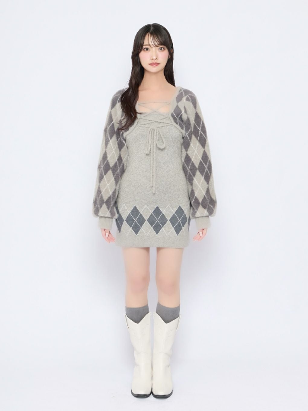 【BUBBLES】レースアップアーガイルワンピース