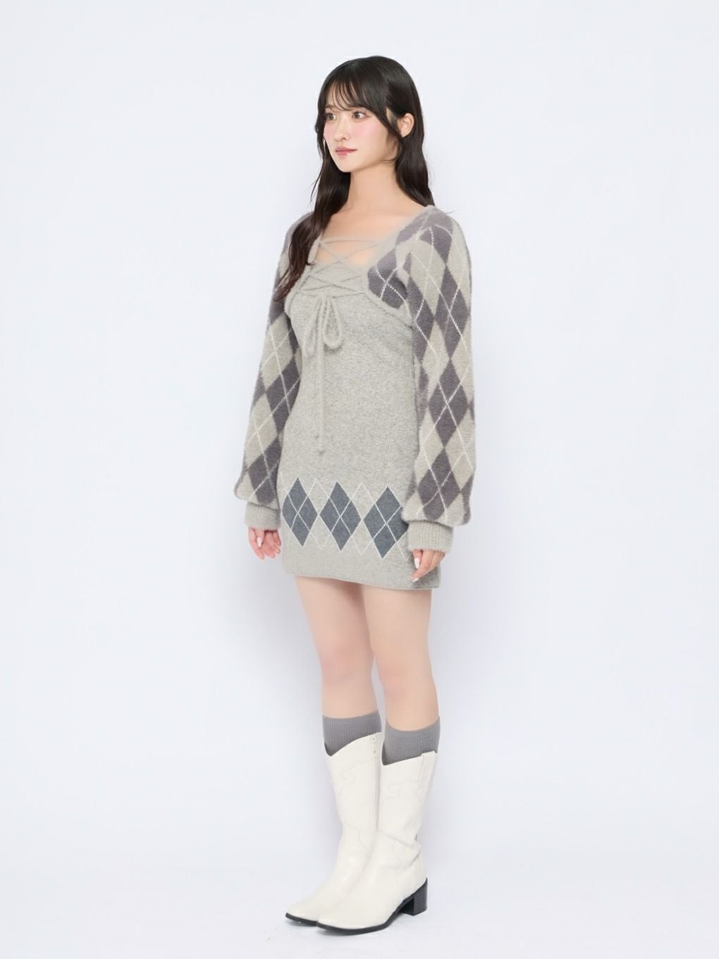 【BUBBLES】レースアップアーガイルワンピース