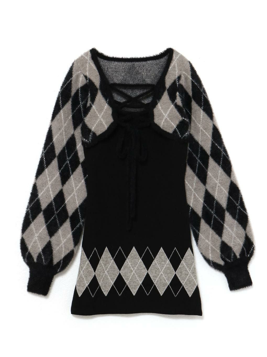 bubbles バブルス レースアップアーガイルワンピース ブラック Sサイズ BUBBLES】レースアップアーガイルワンピース | sparkling mall online
