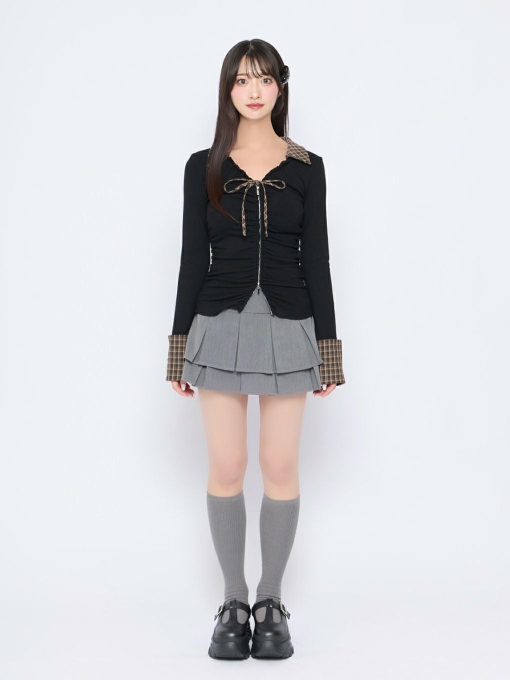 【BUBBLES】ギャザーリボンシャツトップス