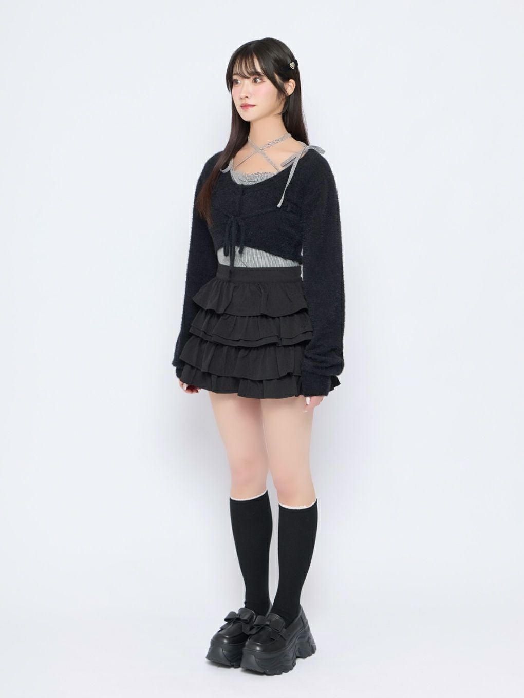 BUBBLES リボンニットアンサンブル ブラック BUBBLES】チェックリボンアンサンブル | sparkling mall online store
