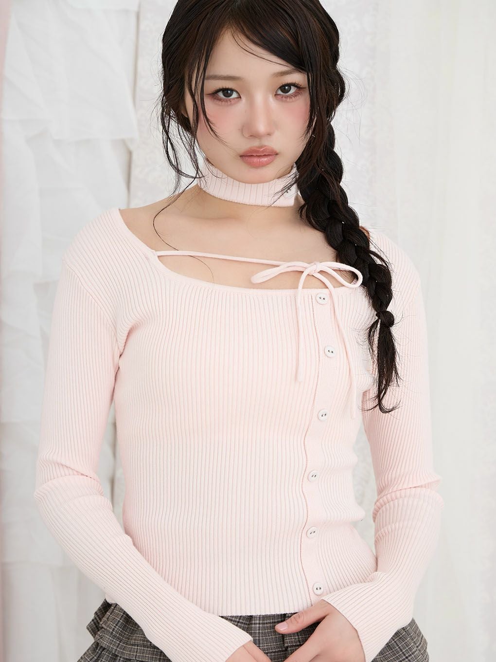 BUBBLES チョーカーボタンニットトップス ピンク BUBBLES】チョーカーボタンニットトップス | sparkling mall online store