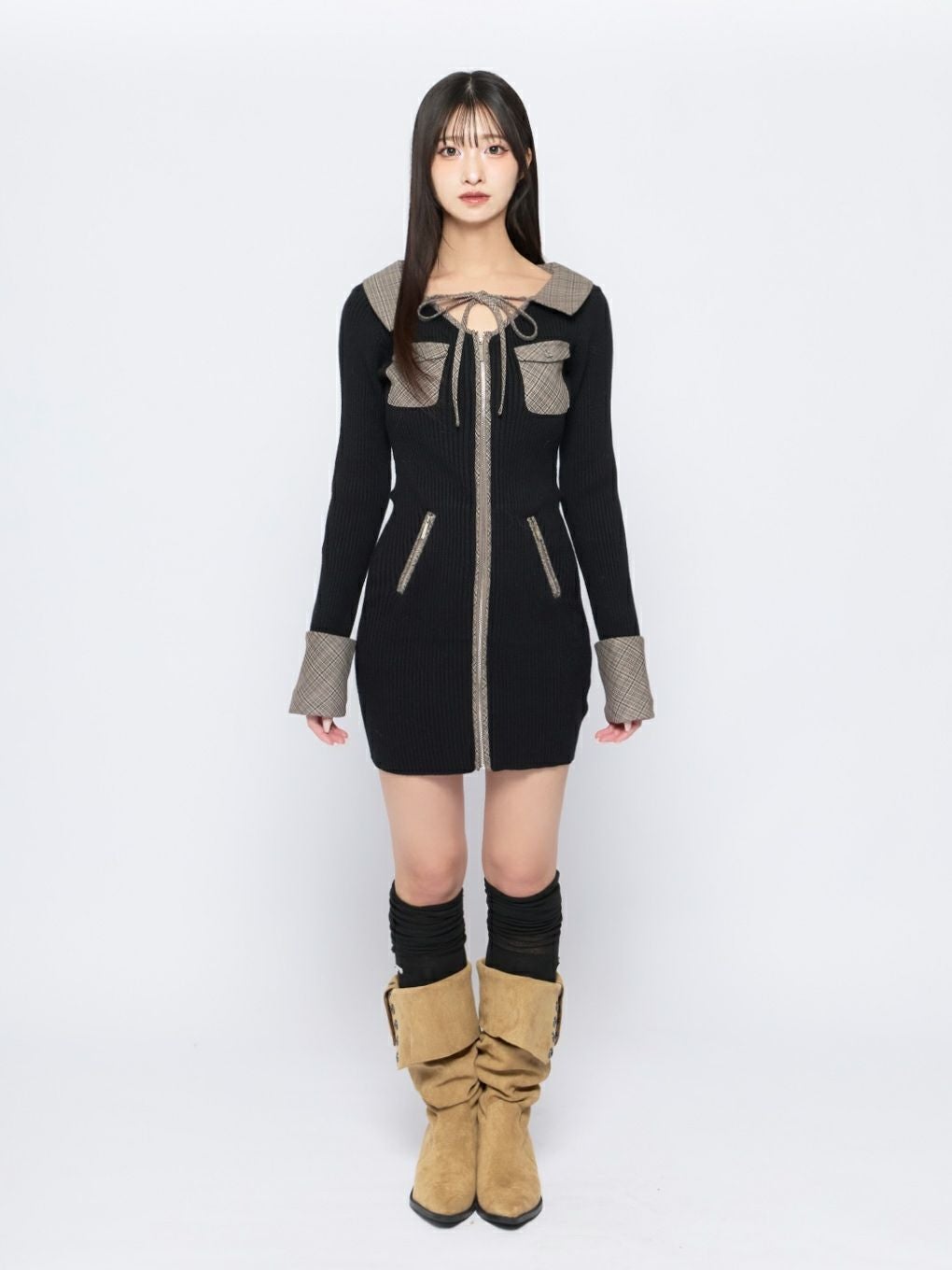 bubbles フロントジップニットワンピース ミニワンピース ブラック BUBBLES】フロントジップニットワンピース | sparkling mall online store