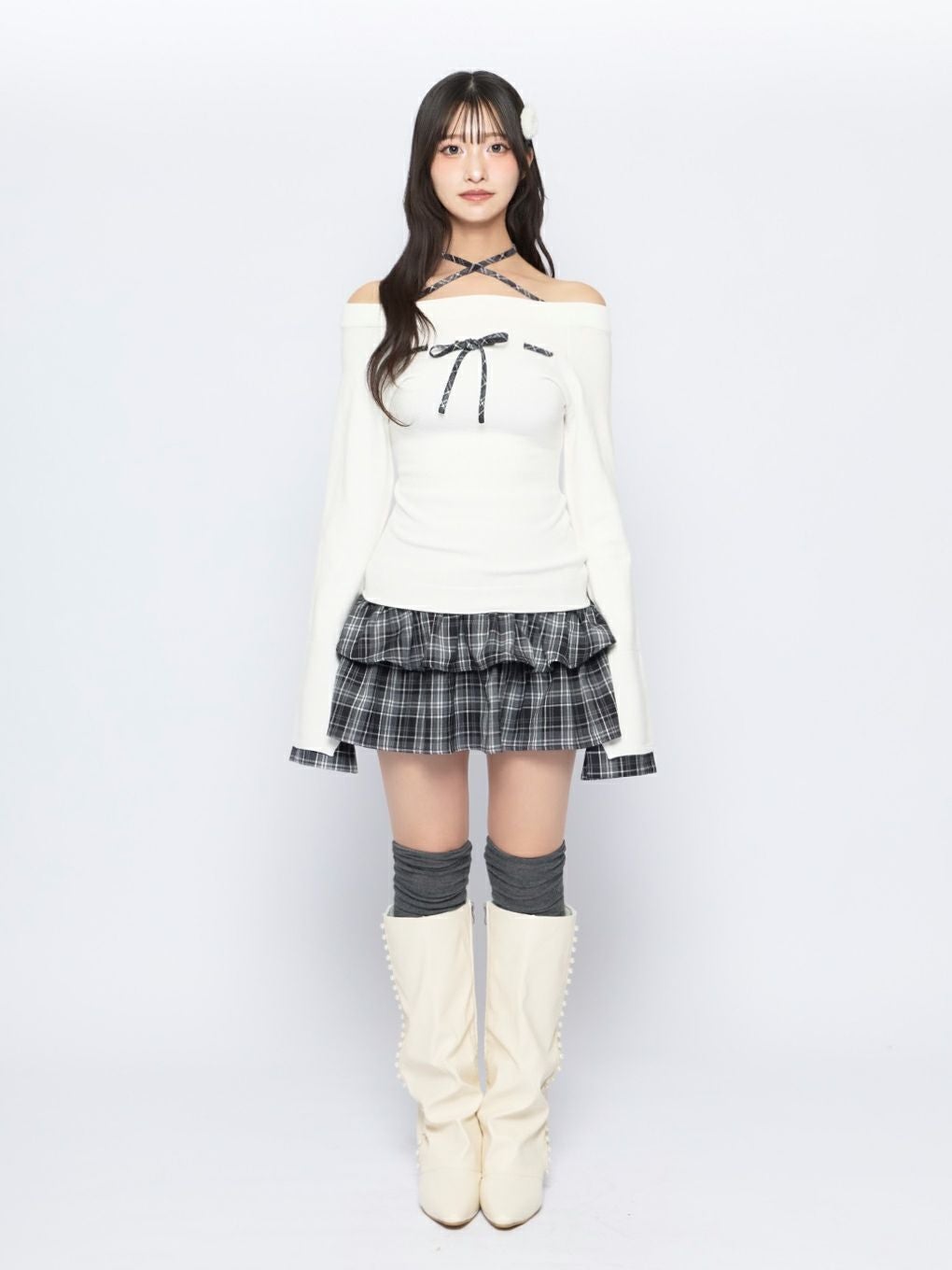 【BUBBLES】チェックリボンニットトップス