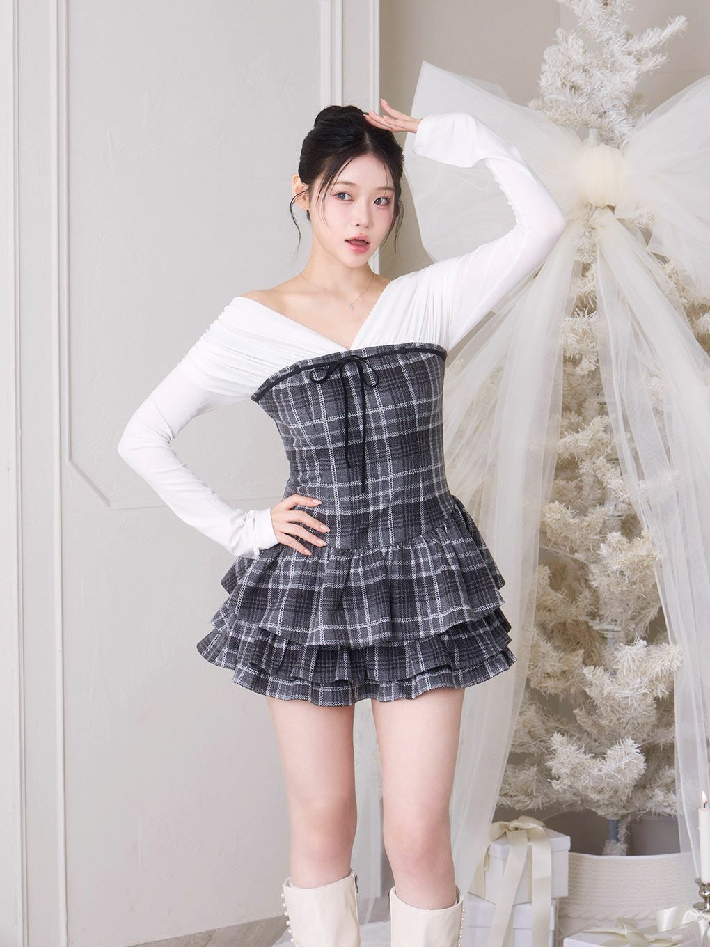 bubbles バルーンチェックワンピース グレー BUBBLES】チェックレイヤードワンピース | sparkling mall online store