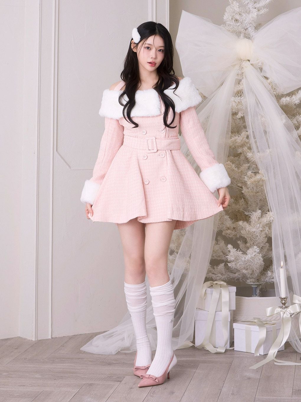 【BUBBLES】ファーオフショルツイードワンピース