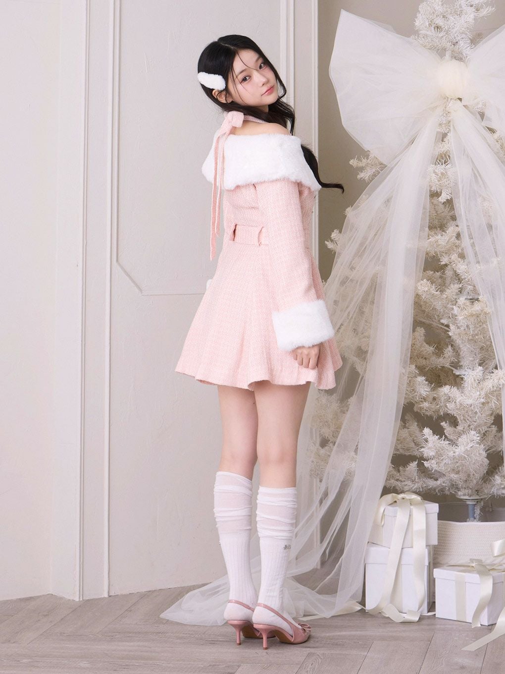 BUBBLES】ファーオフショルツイードワンピース | sparkling mall