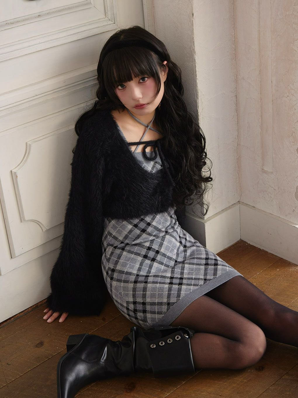 【BUBBLES】チェックシャギーカーデワンピース