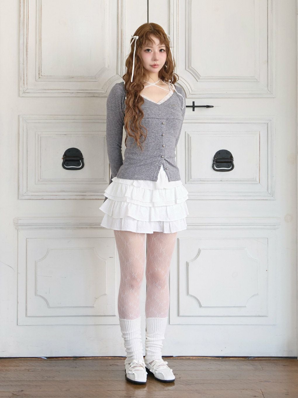 BUBBLES♡オーガンジースリーブリブトップス BUBBLES】オープンネックリブトップス | sparkling mall online store