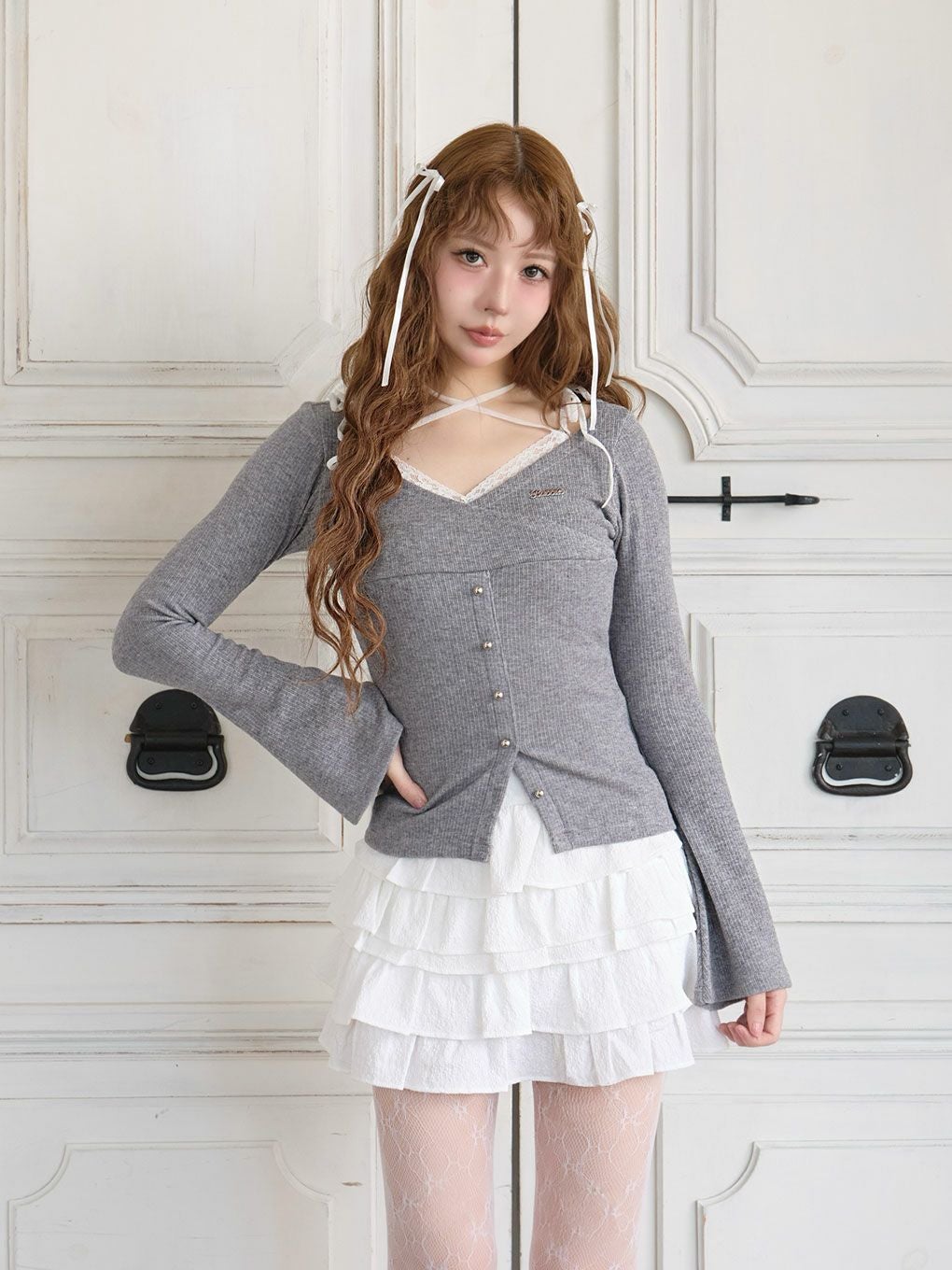 BUBBLES♡オーガンジースリーブリブトップス BUBBLES】カシュクールリブトップス | sparkling mall online store