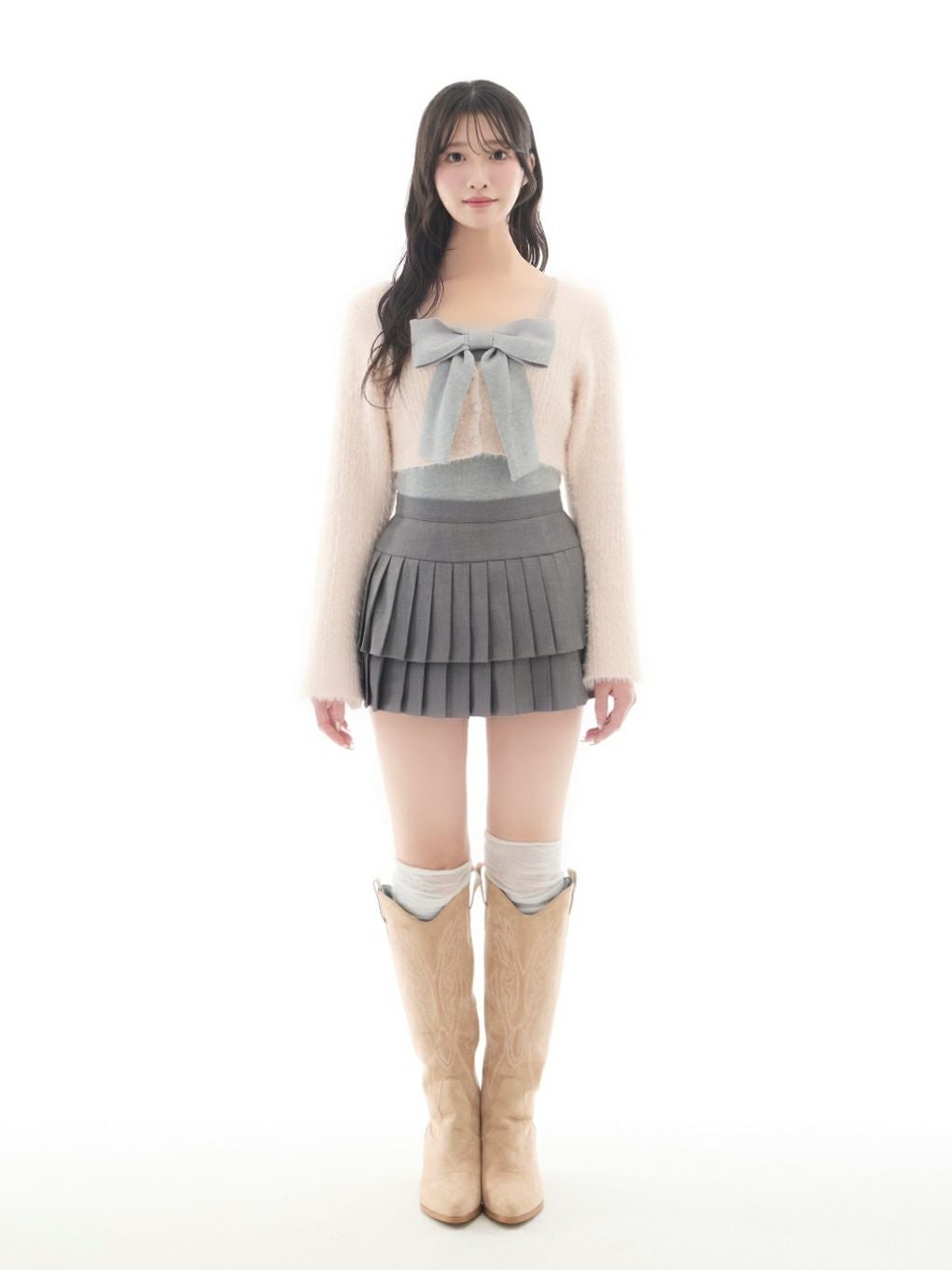 リボンニットアンサンブル　ピンク　グレー ロイヤルパーティー ROYAL PARTY リボンベアボレロシャギーニット