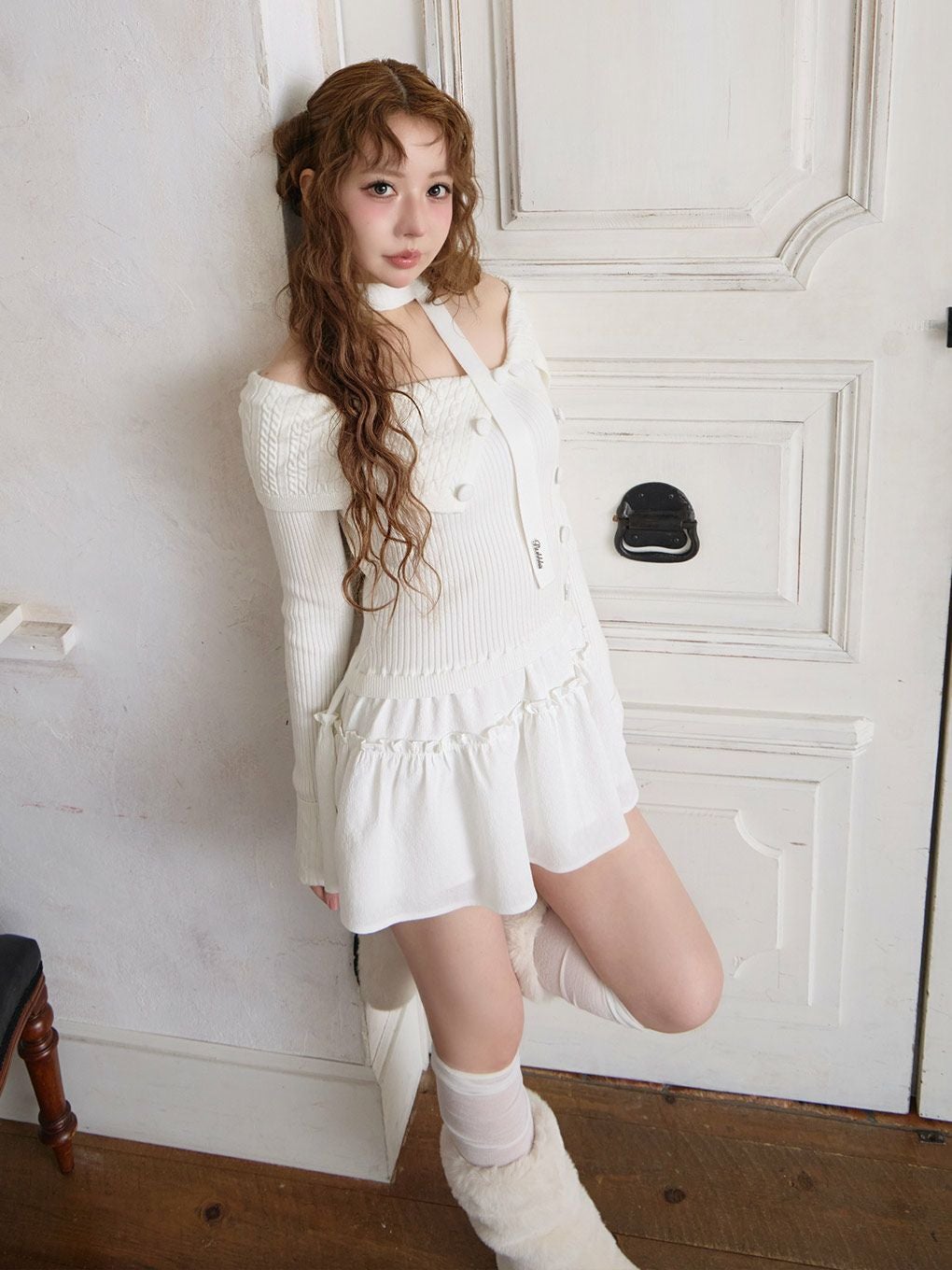 【BUBBLES】ケーブルオフショルワンピース