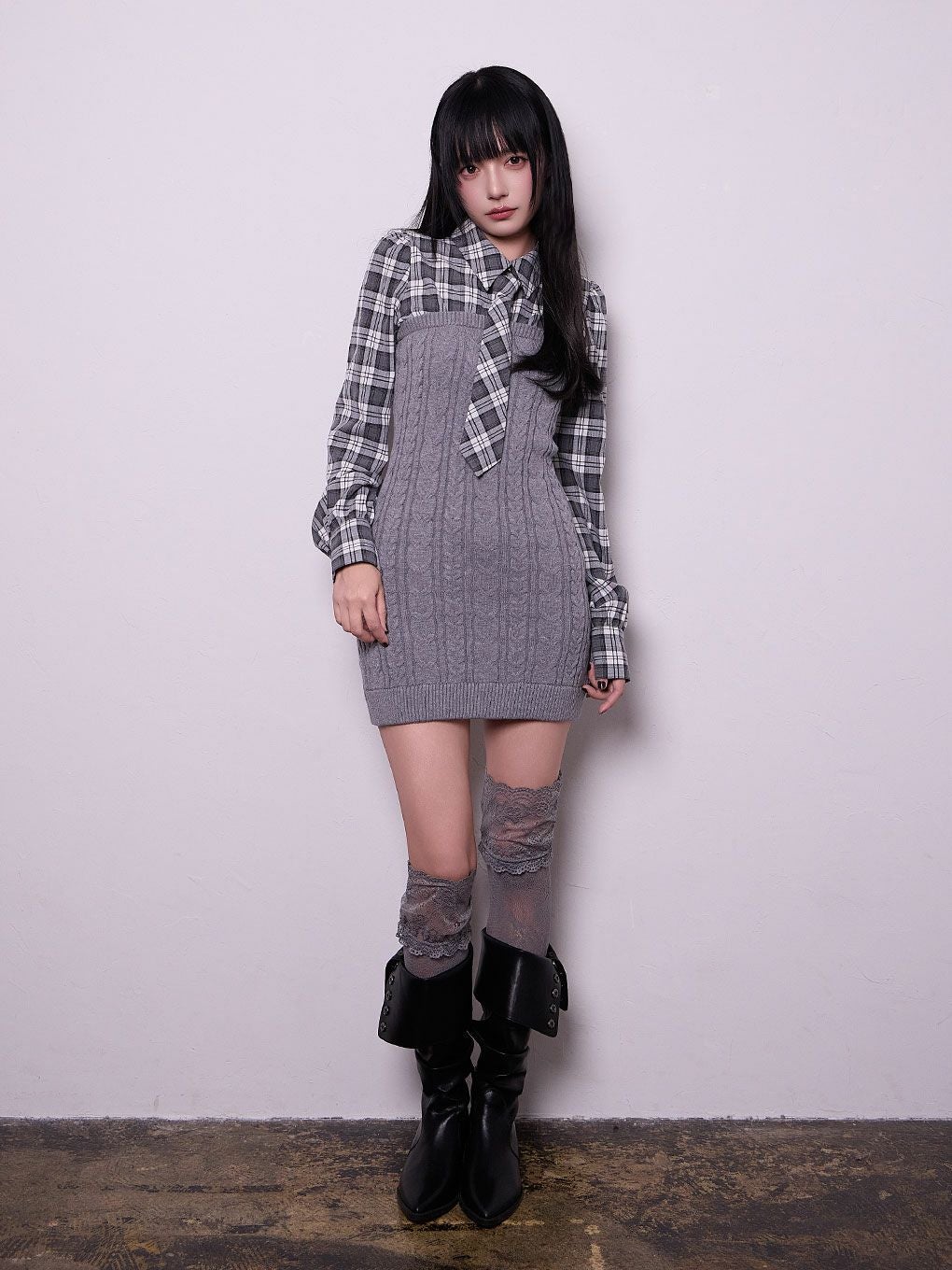 【BUBBLES】シャツレイヤードケーブルワンピース