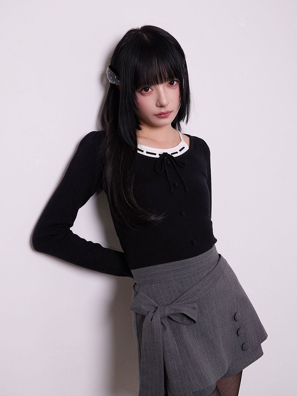 【BUBBLES】レイヤードリボンニットトップス