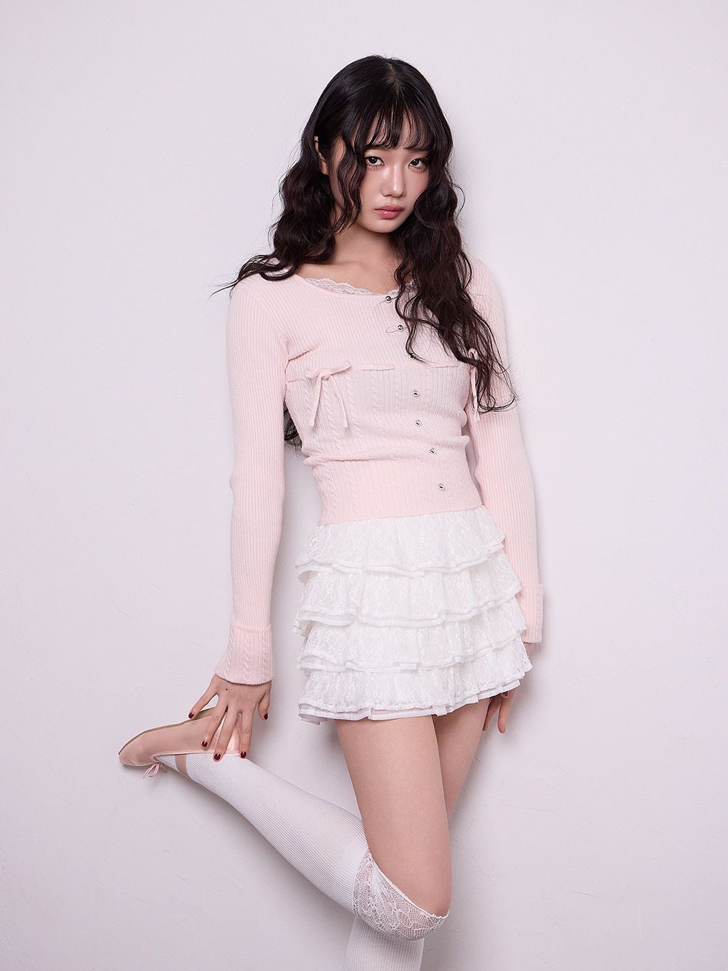 【BUBBLES】リボンケーブルニットトップス