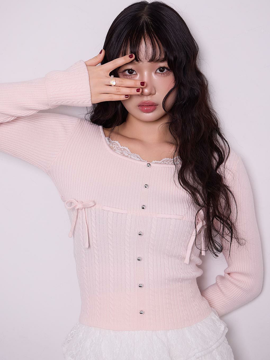 【BUBBLES】リボンケーブルニットトップス