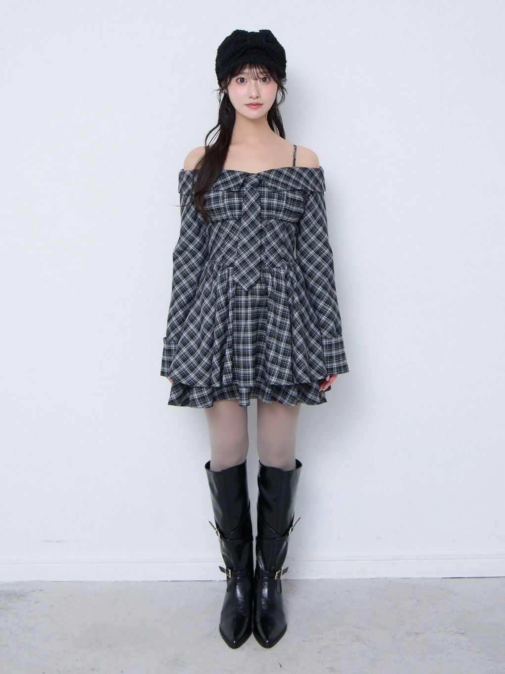 【BUBBLES】オフショルネクタイティアードワンピース