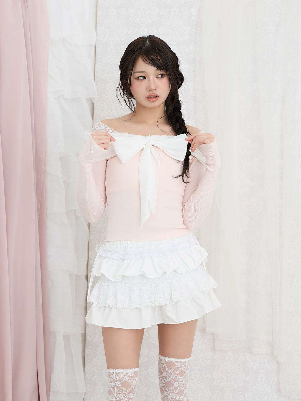 【BUBBLES】リボンギャザーニット