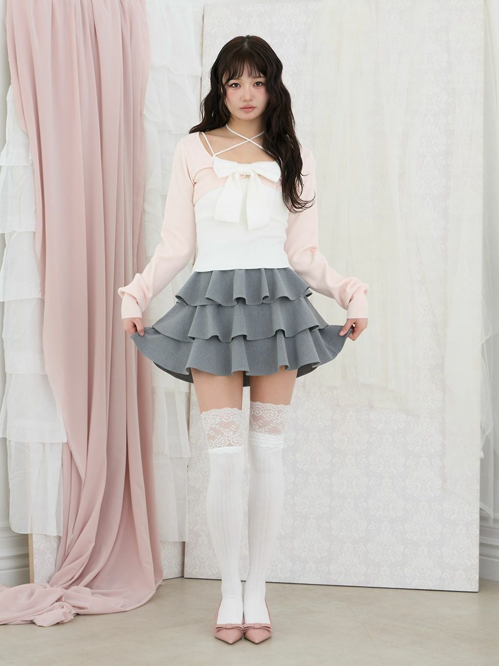 bubbles チェックリボンアンサンブル　ホワイト BUBBLES】チェックリボンアンサンブル | sparkling mall online store
