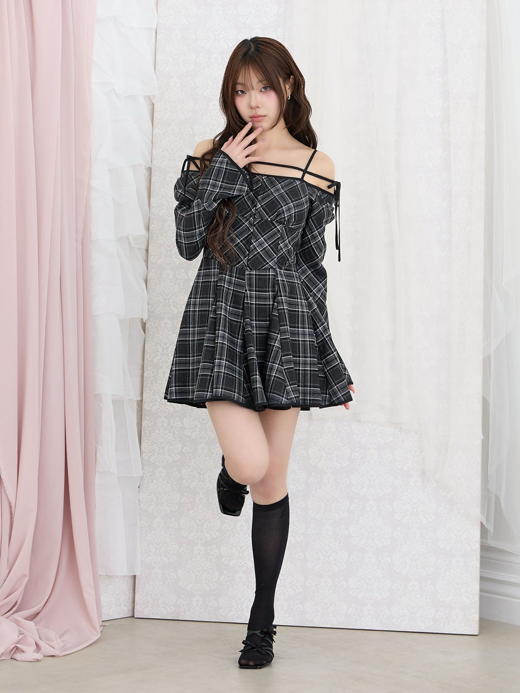bubbles ストラップ　フレア　ワンピース　ブラックチェック BUBBLES】ストラップフレアワンピース | sparkling mall online store