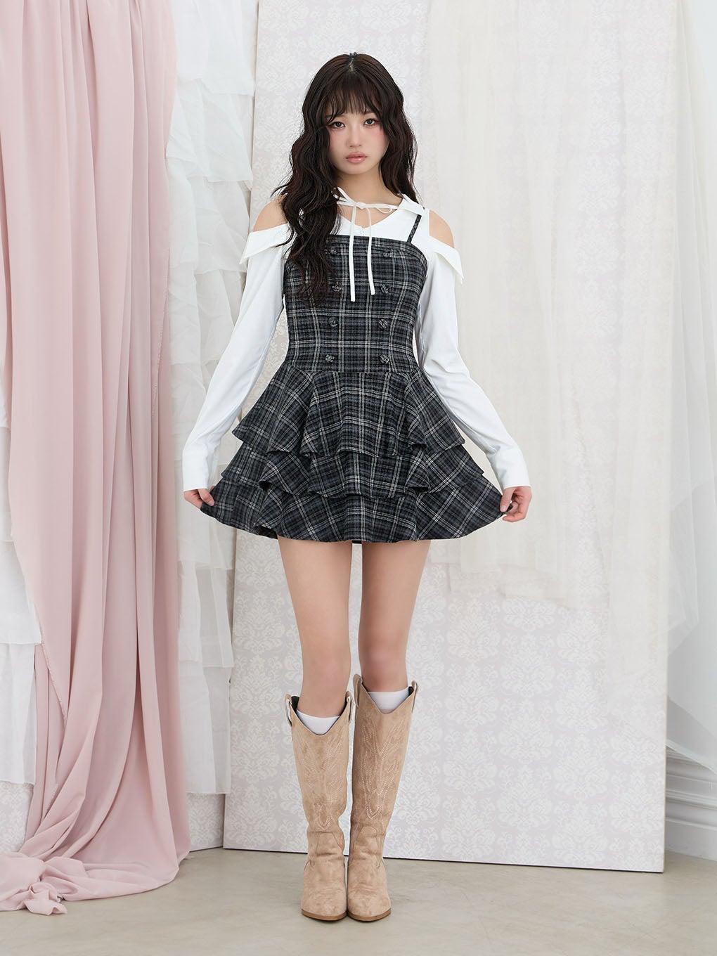 【BUBBLES】オープンショルダーシャツワンピース