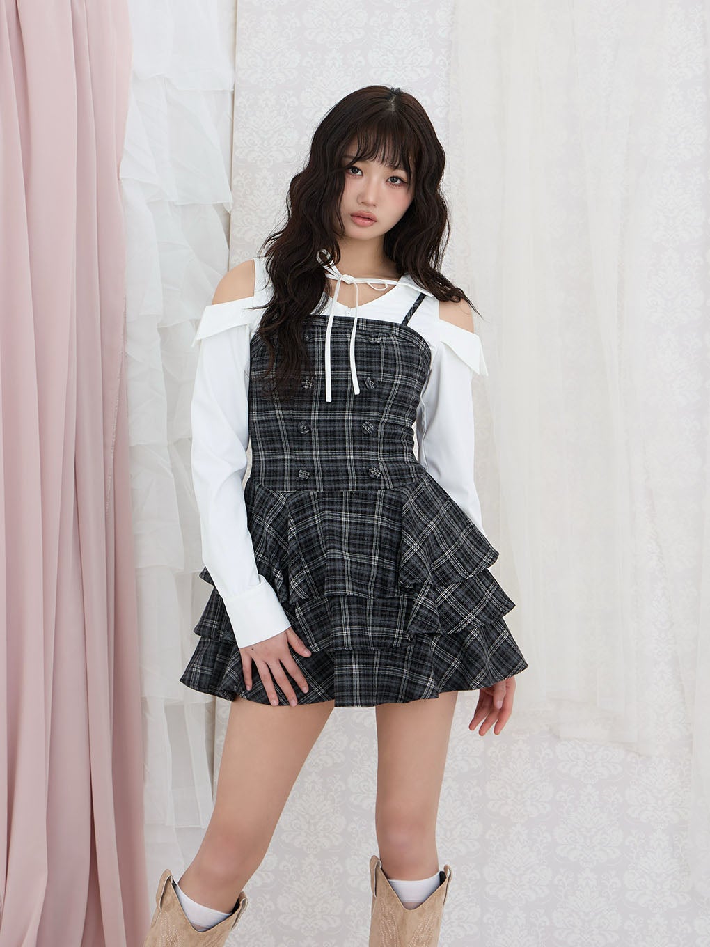 bubbles 新作 オープンショルダーシャツワンピース ブラックチェック BUBBLES】オープンショルダーシャツワンピース | sparkling mall