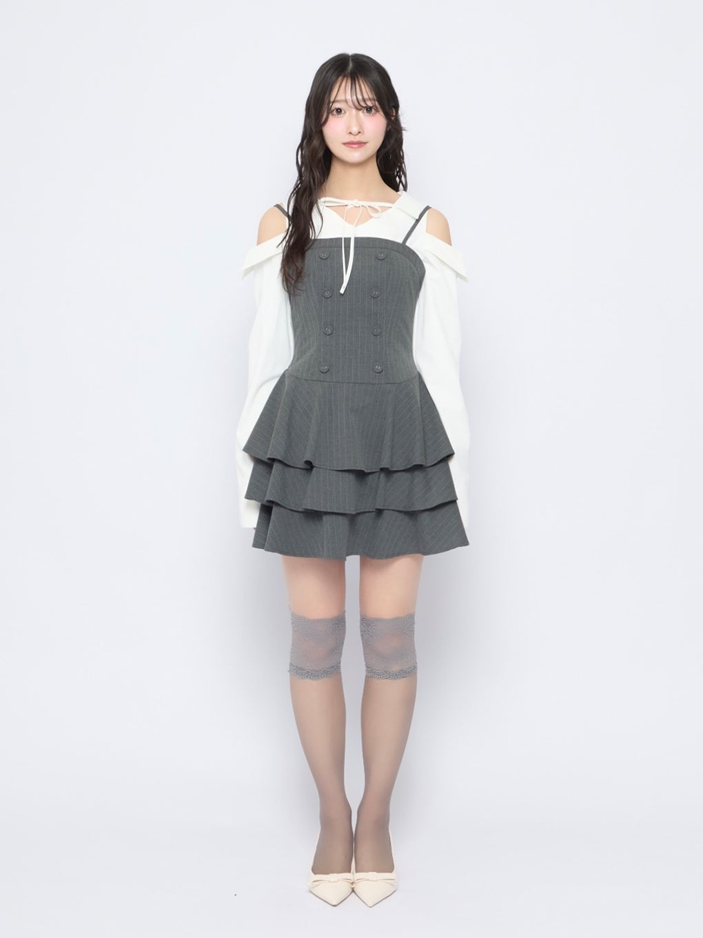 【BUBBLES】オープンショルダーシャツワンピース