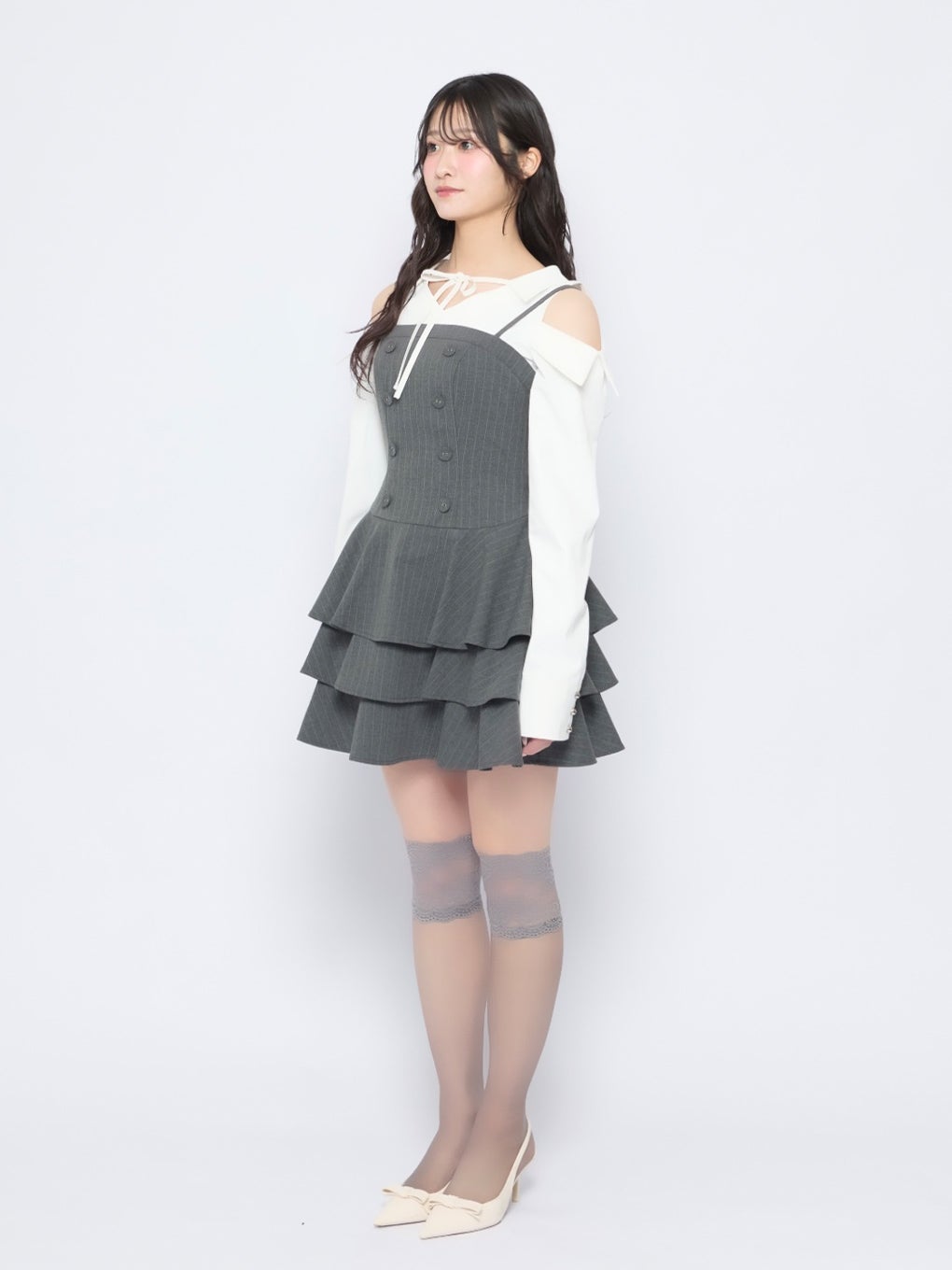 【BUBBLES】オープンショルダーシャツワンピース