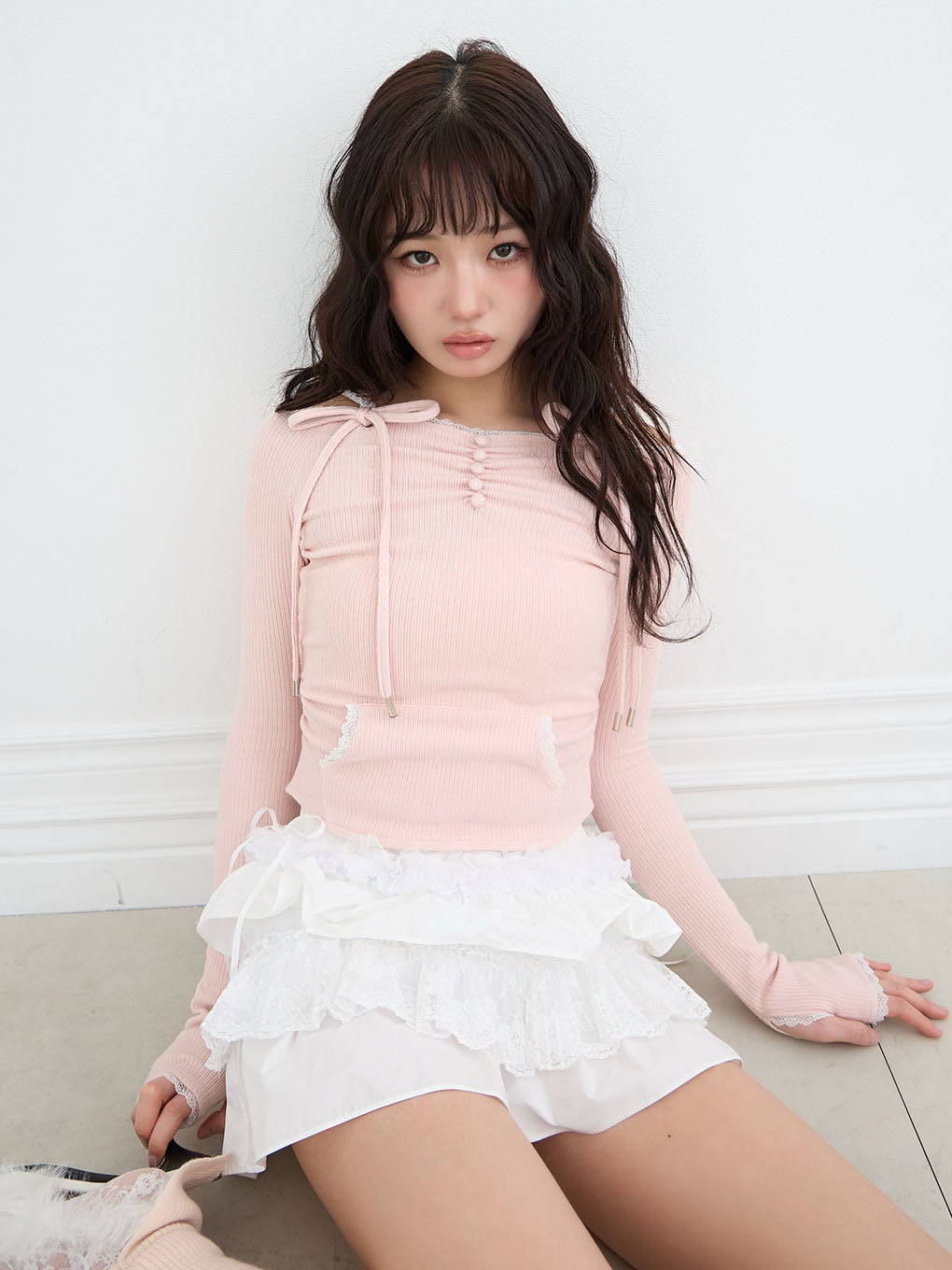 【BUBBLES】オフショルガーリーフードトップス