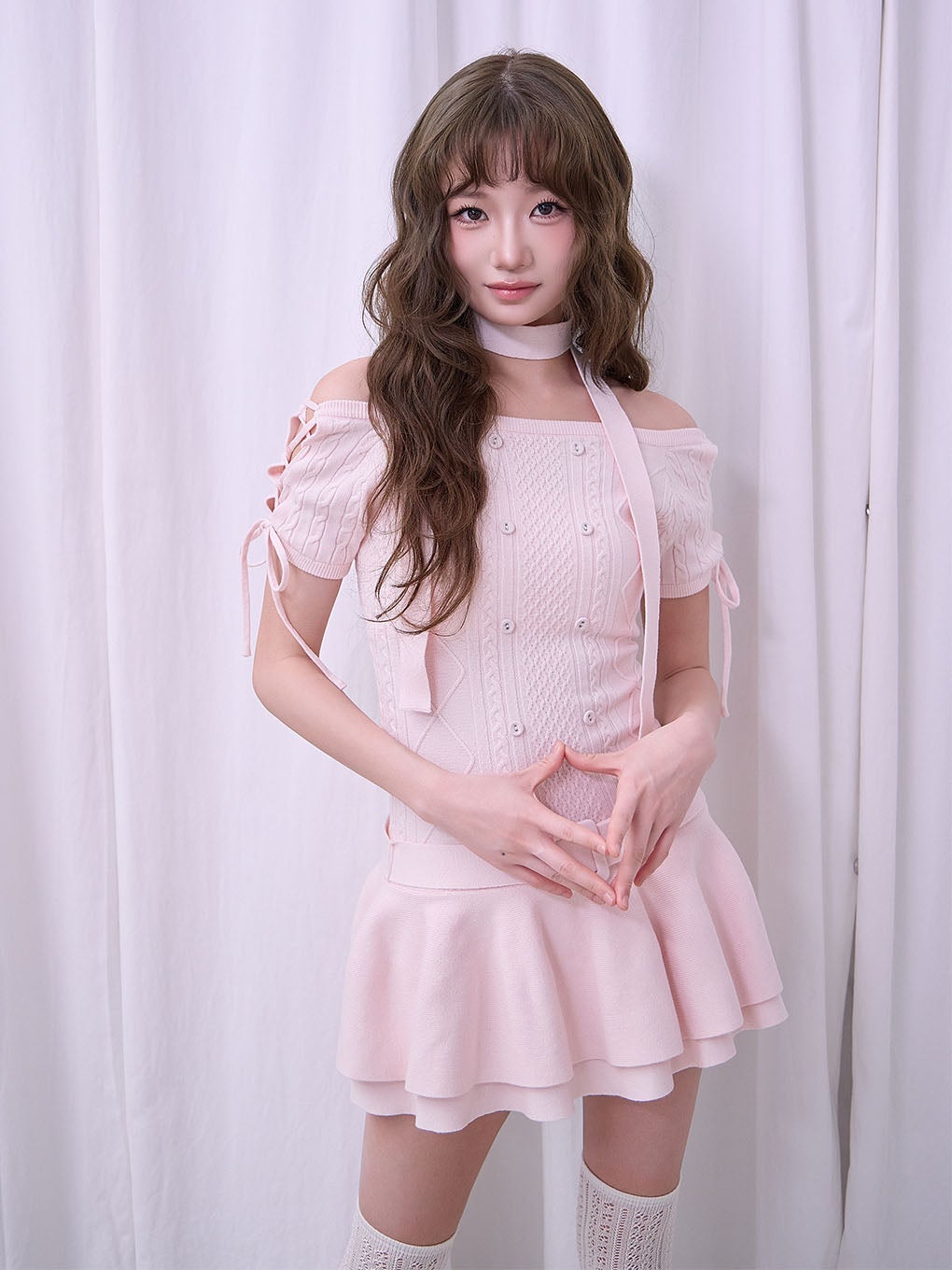 【BUBBLES】オフショルケーブルニットワンピース