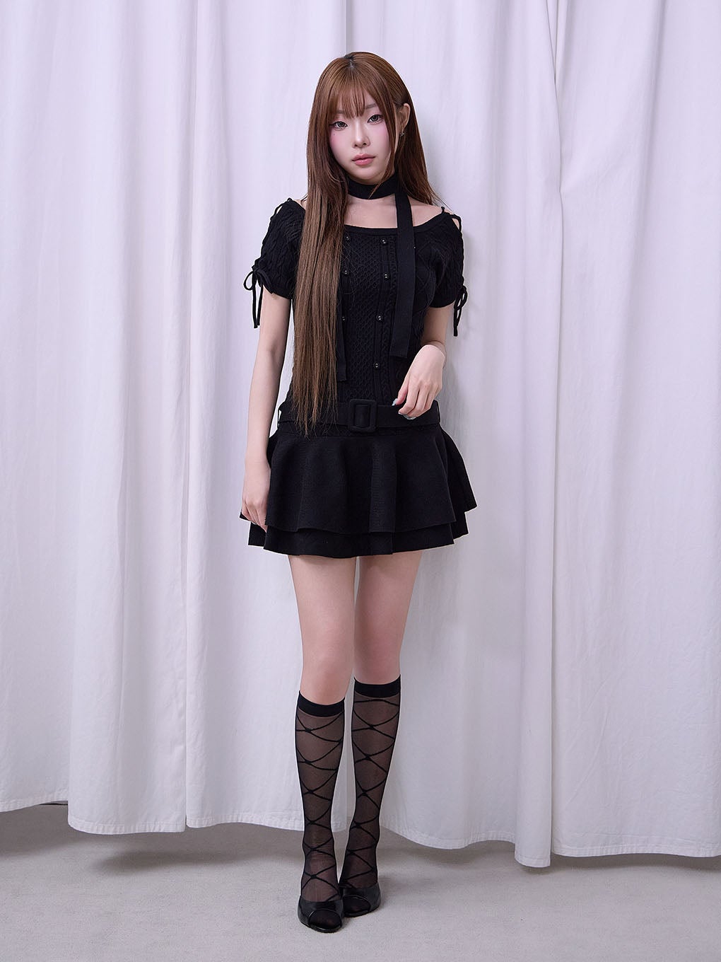 【BUBBLES】オフショルケーブルニットワンピース