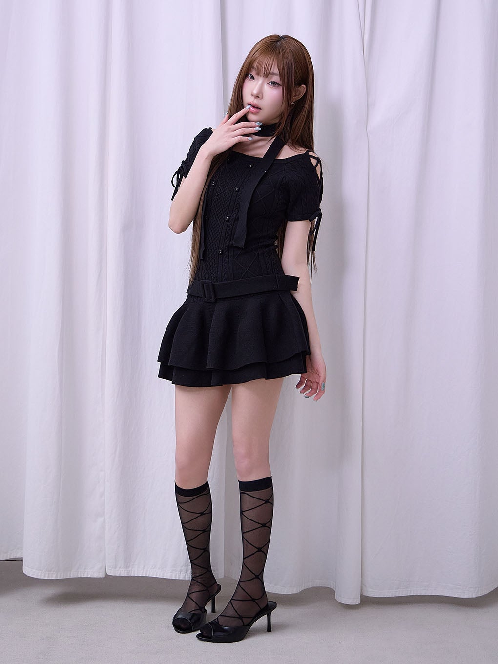 【BUBBLES】オフショルケーブルニットワンピース